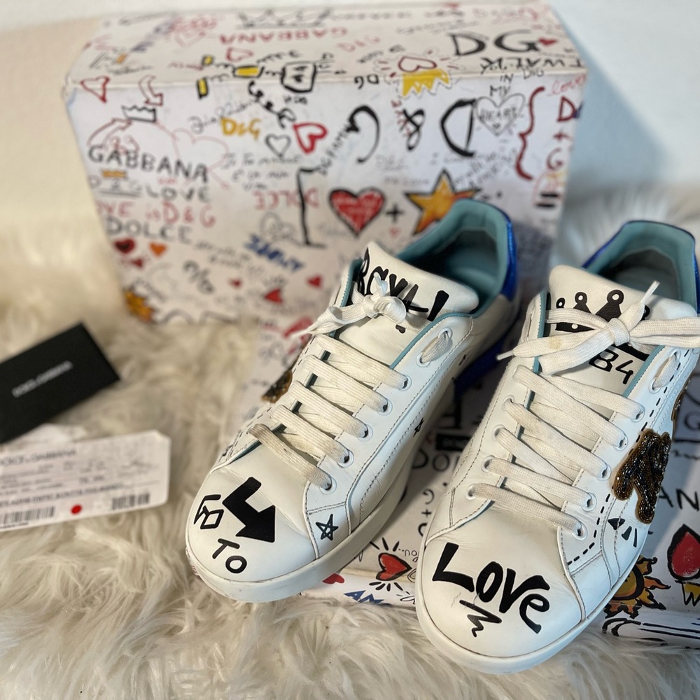 Dolce & Gabbana White Sneakers with Black and Gold Accents